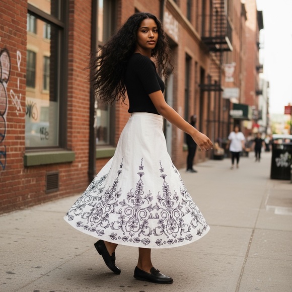 Tahari Dresses & Skirts - Tahari White Skirt with Black Embroidered Pattern